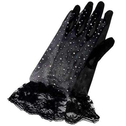 lace mesh gloves with rhinestone applique