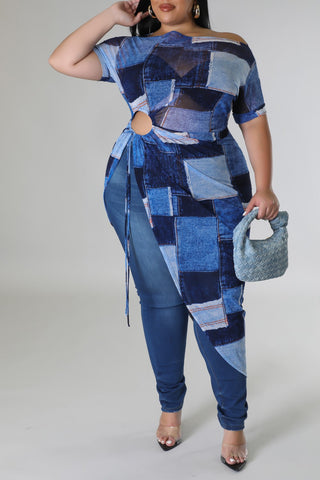 Mesh Off the Shoulder Denim Asymmetrical Top