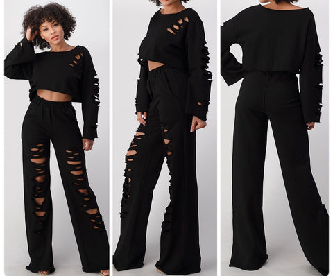 Black 2 piece distressed sweatsuit set