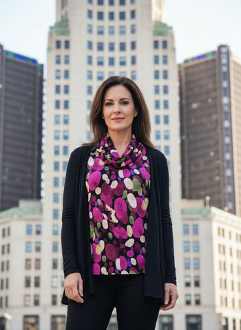 A loose fit, mauve and Frenchman printed tunic with a round neckline and wide sleeves displayed on a mannequin.