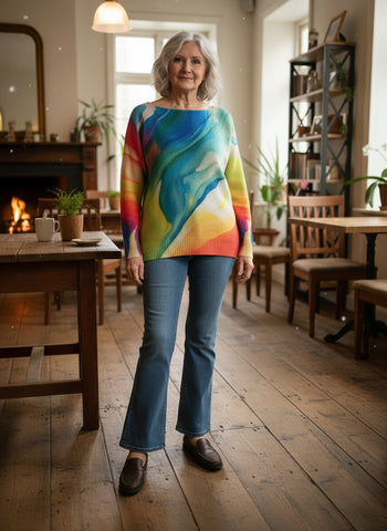 A multicolored printed sweater with a loose fit and long sleeves, displayed on a hanger against a white background.