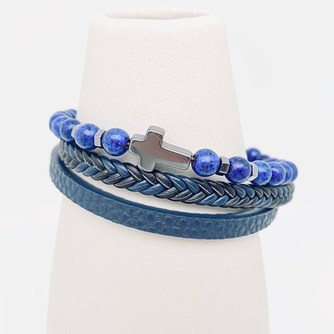 Blue Lapis Lazuli Cross Charm Men's Leather Bracelet