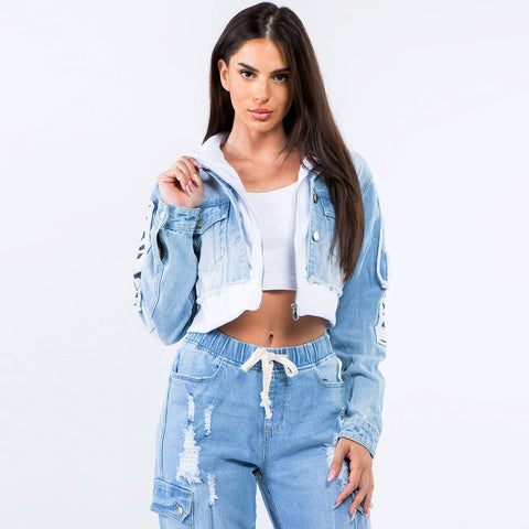 TOUR PATCH DENIM JACKETS WITH HOODIES-RJK30230: SMALL / LIGHT BLUE/WHITE