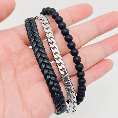 Obsidian Beaded Leather Stainless Steel Chain Men's Bracelet