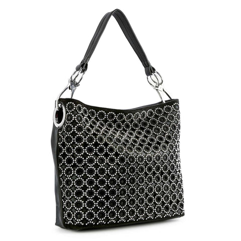Rhinestone Patterned Hobo Handbag: Black