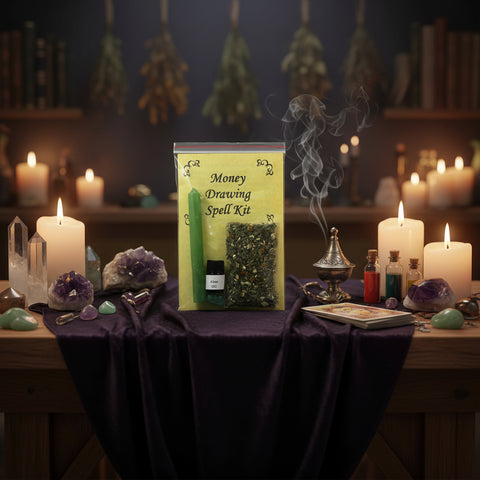 Money Drawing Spell Kit with a green candle, herbs, and alter oil on a white background