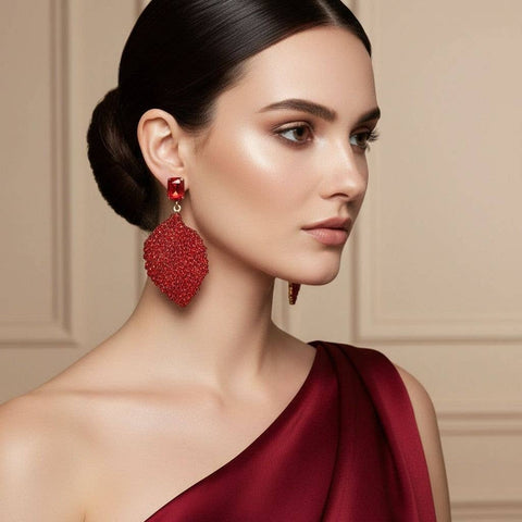 Rouge  Rhinestone Encrusted Leaf Earrings