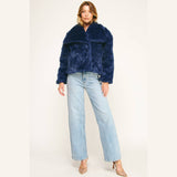 LUXE NAVY FAUX FUR CROPPED JACKET: NAVY / M