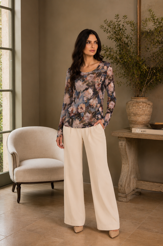 90452-A4 Painterly Rose Long Sleeve Mesh Top: L
