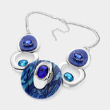 Celluloid Acetate Glass Stone Metal Statement Necklace: SILVER BLUE