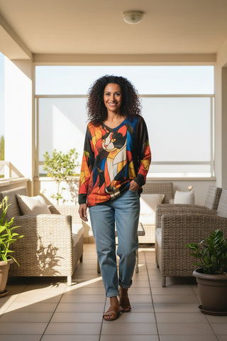 Colorful sweater with a cat design on a hanger against a white wall