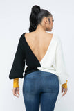 Color Block Twisted Open Back Loose Fit Cozy Sweater: Rust Combo / 1-2-2-1 (S-M-L-XL)