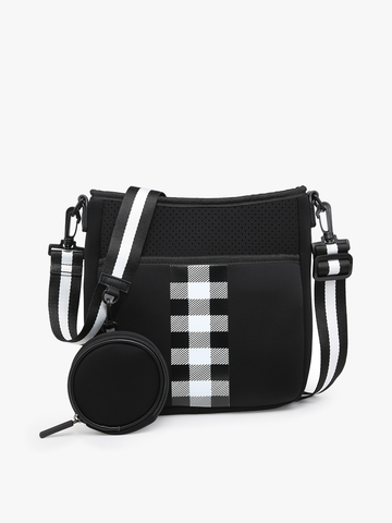 M2054STRP Dru Printed/Striped Neoprene Crossbody: Plaid-Black/White