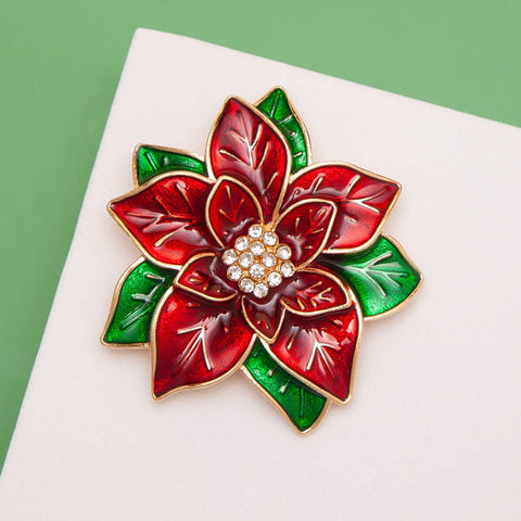 Christmas Enamel Poinsettia Brooch Pin With Crystal Center