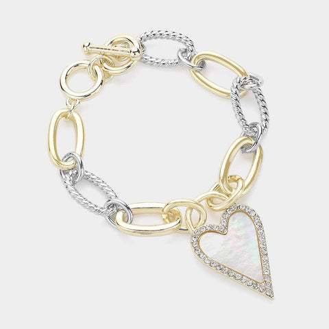 Mother Of Pearl Heart Charm Pointed 14K Gold Plated Bracelet