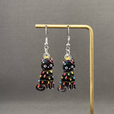 Christmas String Light Black Cat Dangle Earrings