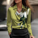 Satin Cowl Neck Collared Long Sleeve Blouse: Green Floral / XL
