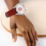 DST Red Leather Silver Sun Cut Dial Watch Women: Red / Rhodium / Adjustable