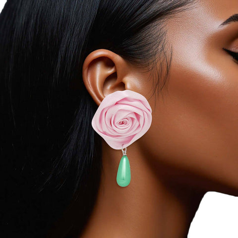 Pink Rose Teardrop Stud Earrings