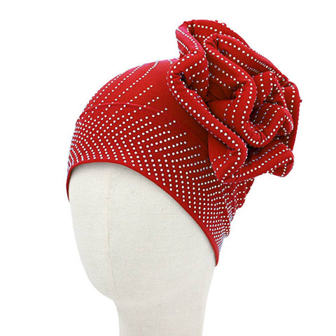 Bling Studded Flower Pointed Turban Hat: Red