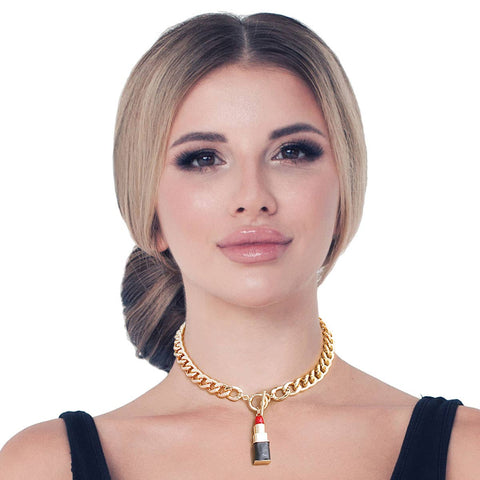 Red Lipstick Charm Necklace: Red / Gold / 18 Inches