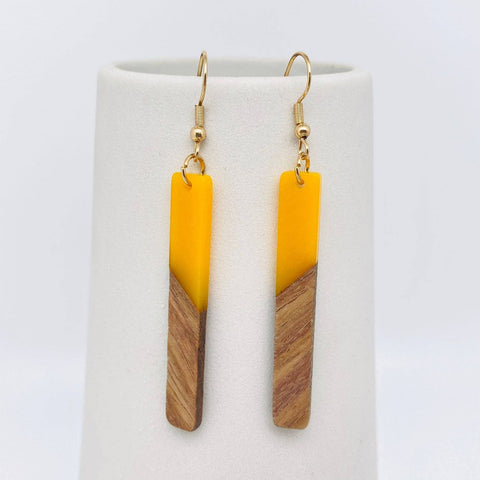 Resin Wooden Stick Rectangular Pendant Earrings: Yellow
