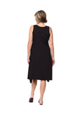 Woman wearing a black sleeveless dress on a white background