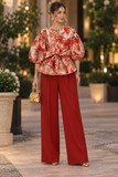 T26023 METALLIC BROCADE PEPLUM TOP: RED / M