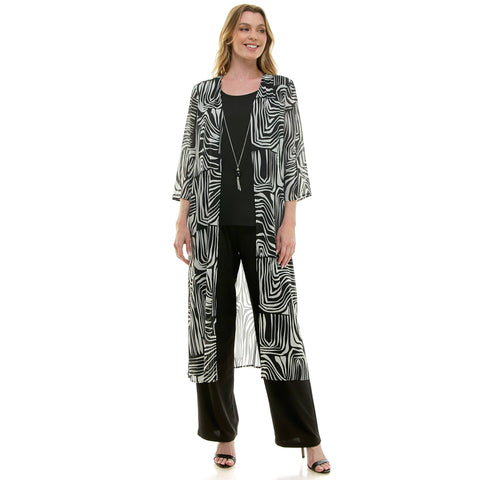 3 PC CARDIGAN STRAIGHT LEG PANT SET : BLACK/CREAM / XL