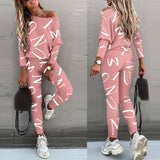 Women Off Shoulder Letter Print Lounge Set Two Piece: Black / 2XL