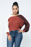 Color Block Twisted Open Back Loose Fit Cozy Sweater: Rust Combo / 1-2-2-1 (S-M-L-XL)
