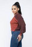 Color Block Twisted Open Back Loose Fit Cozy Sweater: Rust Combo / 1-2-2-1 (S-M-L-XL)