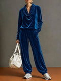 Women's Velvet Cowl Neck 2 Piece Lounge Set: Blue / 2XL