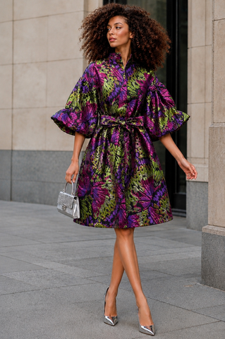 A96211 IRIDESCENT BROCADE PUFF SLEEVE MIDI DRESS: MULTI / XXL