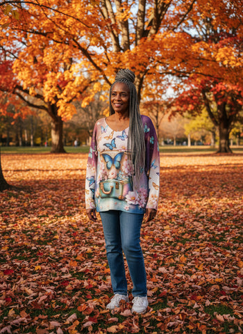 Colorful sweater with butterfly design on a hanger against a white background