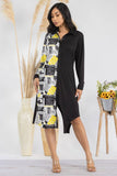 HH704R-NEWSPRINT -  Color Block Newsprint Midi Shirt Dress: XL / BLACK AND WHITE