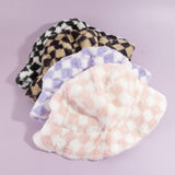 Plush Faux Fur Checkered Bucket Hat: BW