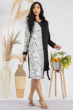 HH704R-NEWSPRINT -  Color Block Newsprint Midi Shirt Dress: XL / BLACK AND WHITE