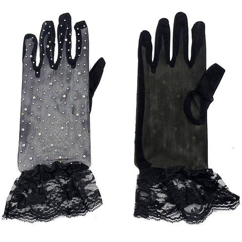 Race Deco Narrow Mesh Rhinestone Wrist Length Gloves: Black