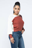 Color Block Twisted Open Back Loose Fit Cozy Sweater: Rust Combo / 1-2-2-1 (S-M-L-XL)