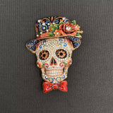 Halloween Enamel Skull With Top Hat Brooch: Blue