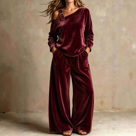 Women's Velvet One Shoulder Two Piece Set Wide Leg Pants: Burgundy / XL