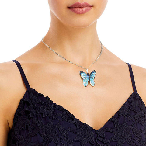 Blue Dipped Real Leaf Butterfly Necklace: Blue / Rhodium / 16 + 3 inches