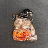 Halloween Pumpkin & Cat Witch Brooch: Orange