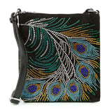 Black handbag with peacock feather design and rhinestones on a white background