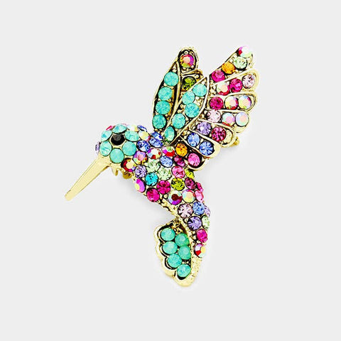 Pave Crystal Bird Pin Brooch: GOLD MULTI