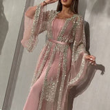 Sequin Evening Gown with Cape Sleeve: Black / XL