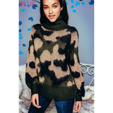 PLUS SIZE FUZZY CAMOUFLAGE KNIT TURTLENECK SWEATER: GREEN / 2X/3X