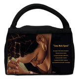 Bible bag with a design of a woman with braided hair and a quote on a white background