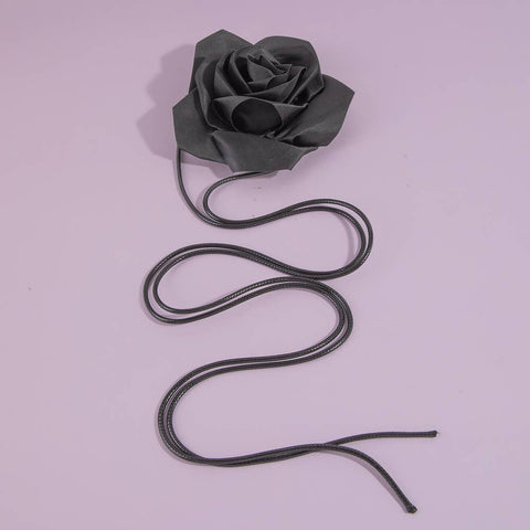 Satin Rose Flower Lariat Wrap Waist Belt: BK